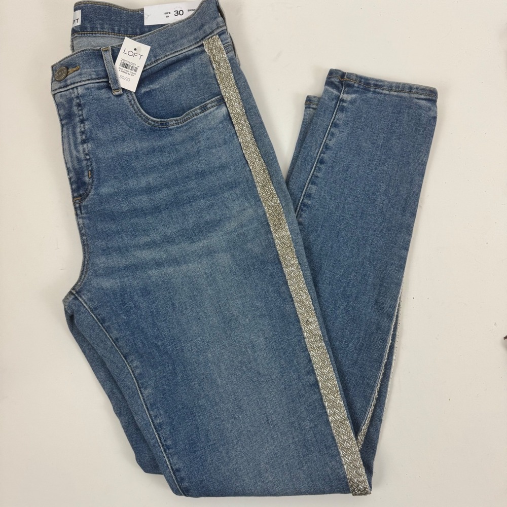 LOFT Slim Pockets Skinny Jeans Size 30‎ Blue with Metallic Side Stripe NWT